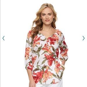 NEW CHAPS Printed Crinkle Blouse Shirt Top Floral Women’s
